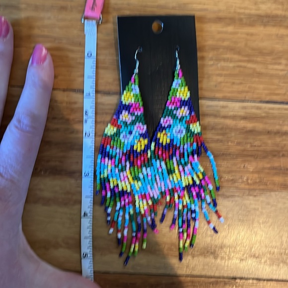 Handmade Navy Rainbow Floral Seed Bead Dangle Earrings - Picture 9 of 11